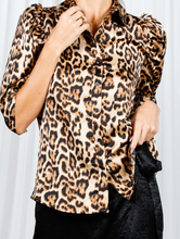 Load image into Gallery viewer, Animal Print Satin Button Down Puff Sleeves Top

