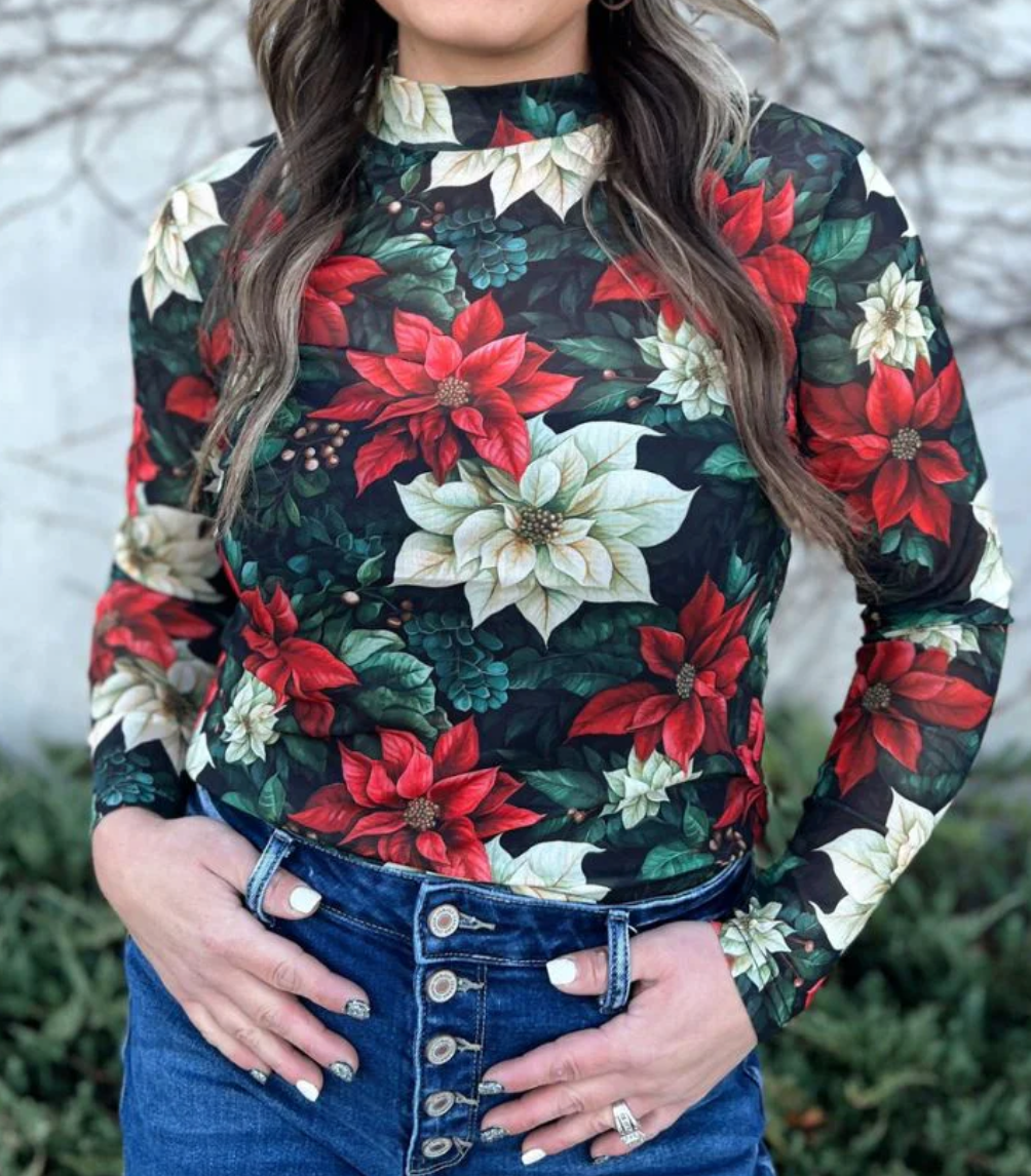 Poinsettia Mesh Long Sleeve Top