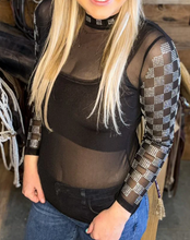 Load image into Gallery viewer, Black Mesh &amp; Rhinestones Long Sleeve Mesh Top
