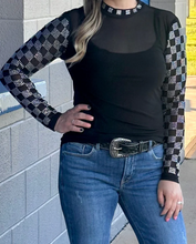 Load image into Gallery viewer, Black Mesh &amp; Rhinestones Long Sleeve Mesh Top
