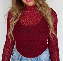 Load image into Gallery viewer, Wine Lace Mesh Mock Neck Long Sleeve Top
