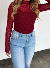Load image into Gallery viewer, Wine Lace Mesh Mock Neck Long Sleeve Top
