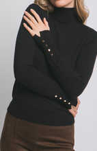 Load image into Gallery viewer, Black Long Sleeve Turtle Neck w/ Sleeve Gold Button Detail
