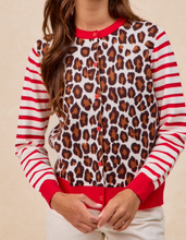 Load image into Gallery viewer, Animal Print w/ Red &amp; White Stripe Cardigan
