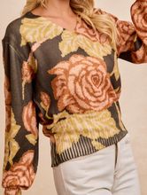 Load image into Gallery viewer, Olive &amp; Floral Print V-Neck Sweater
