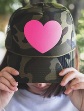 Load image into Gallery viewer, Camo Trucker Hat w/ Pink Puff Heart
