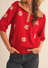 Load image into Gallery viewer, Red &amp; Tan Collared Floral Embroidered Sweater

