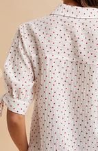 Load image into Gallery viewer, White &amp; Red Hearts Button Down w/ Puff Sleeve &amp; Tie
