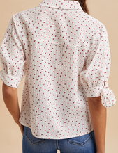 Load image into Gallery viewer, White &amp; Red Hearts Button Down w/ Puff Sleeve &amp; Tie

