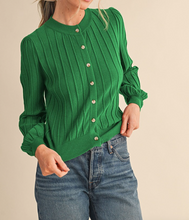 Load image into Gallery viewer, Forest Green Ribbed Cardigan w/ Puff Sleeves
