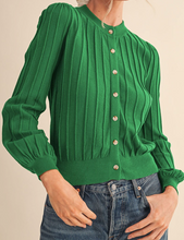 Load image into Gallery viewer, Forest Green Ribbed Cardigan w/ Puff Sleeves
