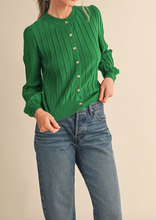 Load image into Gallery viewer, Forest Green Ribbed Cardigan w/ Puff Sleeves
