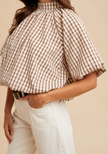 Load image into Gallery viewer, Brown &amp; White Checker Back Bow Bubble Top
