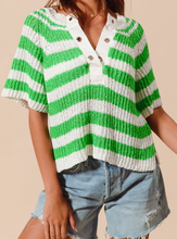 Load image into Gallery viewer, Green &amp; White Stripe Sweater w/ V-Neck Eyelets
