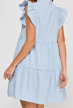 Load image into Gallery viewer, Blue &amp; White Stripe Ruffle Sleeveless Dress
