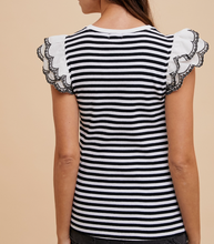 Load image into Gallery viewer, Black &amp; White Stripe Top w/ Eyelet Fabric Ruffle Sleeve
