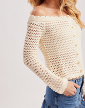 Load image into Gallery viewer, Ivory Off-Shoulder Open Knit Button Down Sweater
