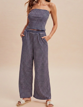Load image into Gallery viewer, Navy &amp; White Stripe Jersey Strapless Shirt &amp; Pants Set

