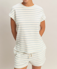Load image into Gallery viewer, Blue &amp; White Stripe Terry Knit Cap Short Sleeve Top
