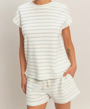 Load image into Gallery viewer, Blue &amp; White Stripe Terry Knit Cap Short Sleeve Top
