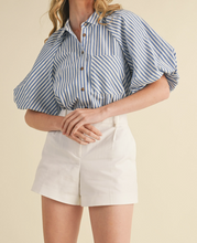 Load image into Gallery viewer, Blue &amp; White Stripe Bubble Sleeve Button Down
