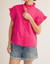 Load image into Gallery viewer, Fuchsia Button Down Ruffle Detail Sleeve/Neck Top
