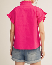 Load image into Gallery viewer, Fuchsia Button Down Ruffle Detail Sleeve/Neck Top
