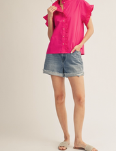 Load image into Gallery viewer, Fuchsia Button Down Ruffle Detail Sleeve/Neck Top
