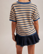 Load image into Gallery viewer, Blue &amp; Orange Stripe &amp; Floral Short Sleeve Sweater
