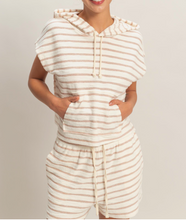Load image into Gallery viewer, Taupe &amp; White Stripe Sleeveless Terry Knit Hoodie
