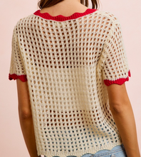 Load image into Gallery viewer, Cream Crochet Top w/ Red Scalloped Edges
