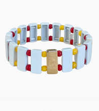 Load image into Gallery viewer, Red, Yellow, &amp; White Tile and Bead Stretch Bracelet
