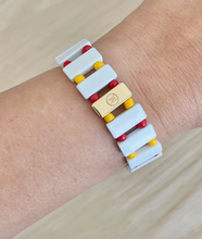 Load image into Gallery viewer, Red, Yellow, &amp; White Tile and Bead Stretch Bracelet

