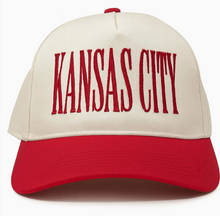 Load image into Gallery viewer, Beige &amp; Red Kansas City Embroidered Trucker Hat
