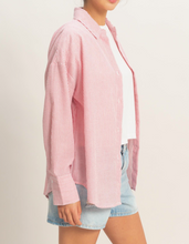 Load image into Gallery viewer, Red and White Striped Oversized Button-Up Shirt.
