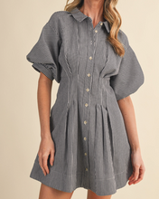 Load image into Gallery viewer, Black &amp; White Pinstripe Puff Sleeve Mini Dress
