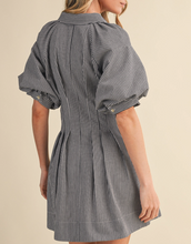 Load image into Gallery viewer, Black &amp; White Pinstripe Puff Sleeve Mini Dress
