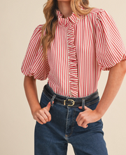 Load image into Gallery viewer, Red Ruffle Stripe Bubble Sleeve Top
