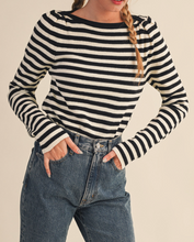 Load image into Gallery viewer, Black &amp; White Stripe Puff Shoulder Sweater
