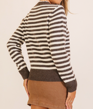 Load image into Gallery viewer, Brown Lace Trim Stripe Henley Sweater
