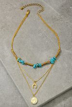 Load image into Gallery viewer, Turquoise &amp; Gold Horseshoe and Coin Charm Layered Necklace
