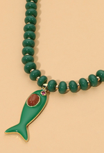 Load image into Gallery viewer, Green Beaded Fish Pendant Necklace
