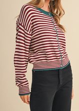 Load image into Gallery viewer, Burgundy Striped Button Down Sweater Cardigan
