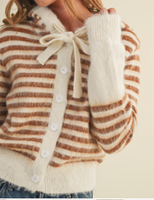 Load image into Gallery viewer, Ivory &amp; Mocha Striped Bow Hoodie Cardigan
