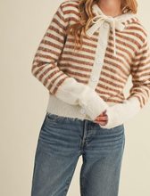 Load image into Gallery viewer, Ivory &amp; Mocha Striped Bow Hoodie Cardigan
