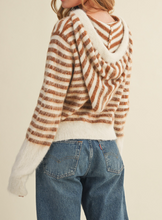 Load image into Gallery viewer, Ivory &amp; Mocha Striped Bow Hoodie Cardigan

