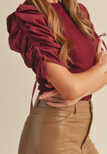 Load image into Gallery viewer, Burgundy Ruched Puff Sleeve Sweater Top
