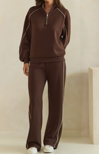 Load image into Gallery viewer, Coffee Brown Contrast Piping Pullover &amp; Wide Leg Pants Set
