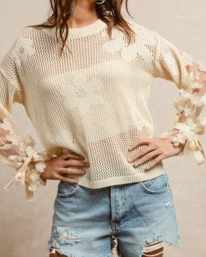 Cream Flower & Sheer Long Sleeve Shirt