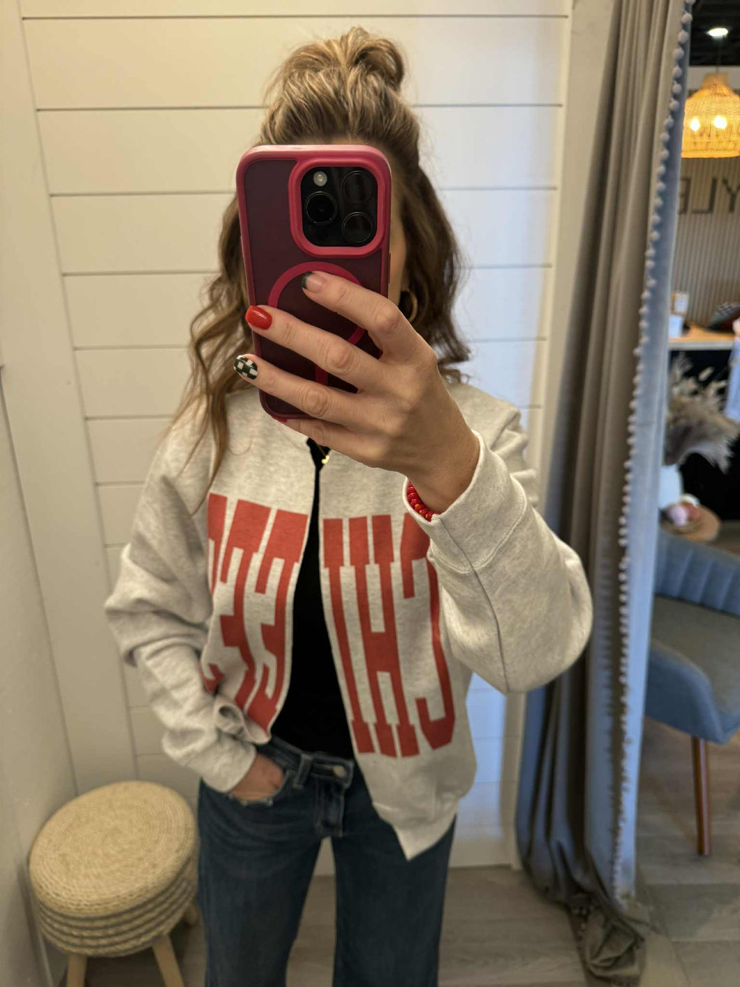 Gray Spilt Sweatshirt w/ Red Chiefs Block Letters